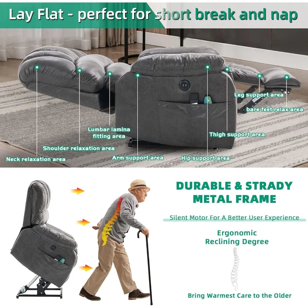 Large Dual OKIN Motor Lay Flat Sleeper Lift Recliner Chair with Heat & Massage for Elderly, Infinite Position Electric Power