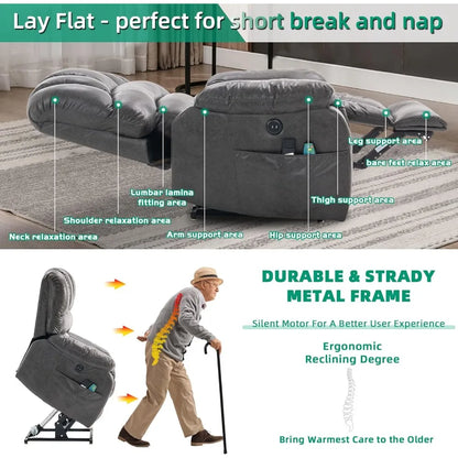Large Dual OKIN Motor Lay Flat Sleeper Lift Recliner Chair with Heat & Massage for Elderly, Infinite Position Electric Power