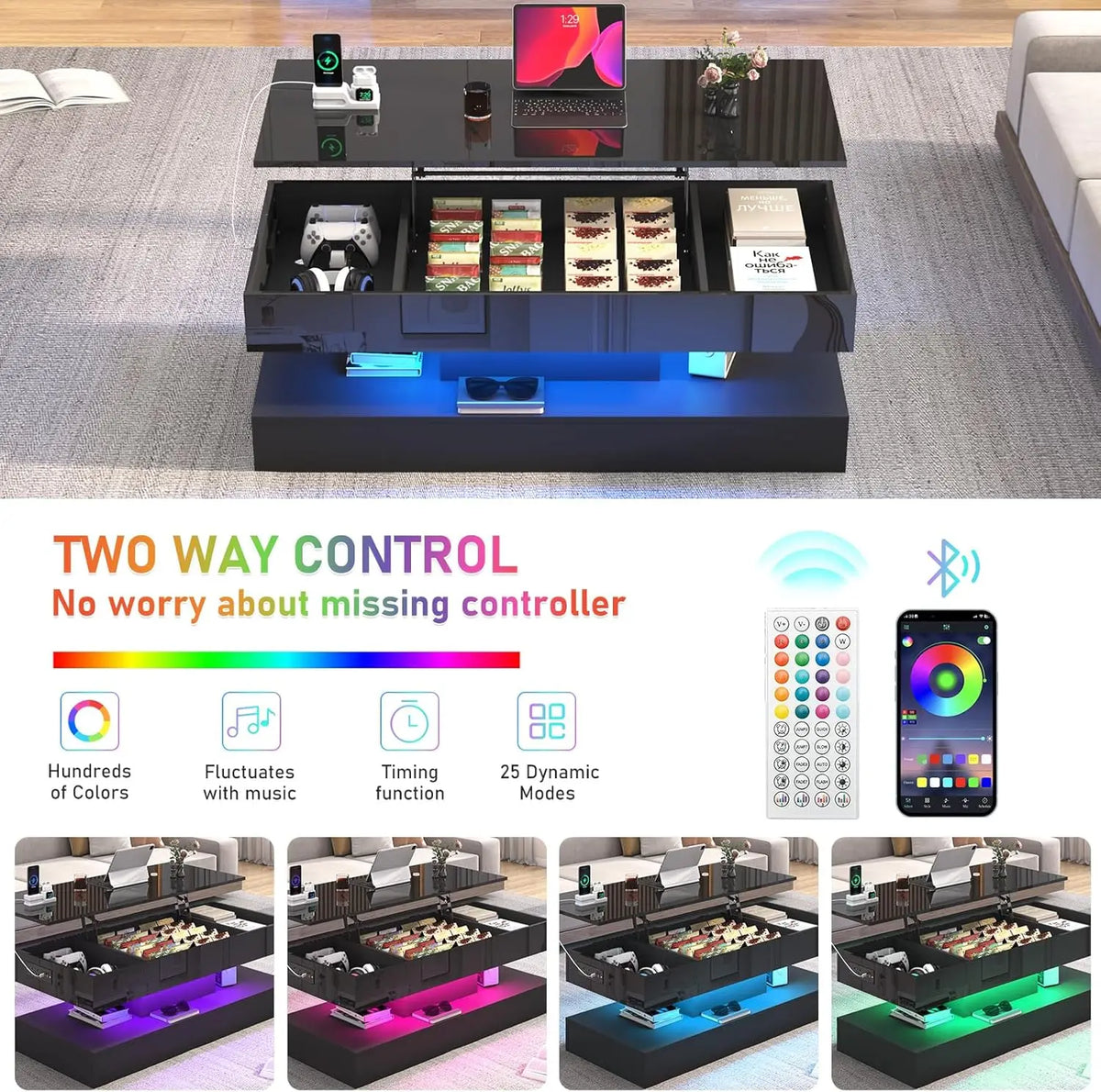 47.2' Lift Top Coffee Table, Modern LED Storage Table, Black for Living Room, Dining Room, Bedroom, Home Office