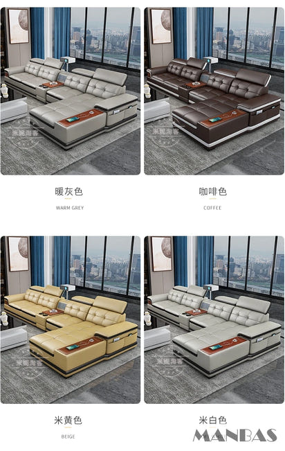 Linlamlim Luxury Genuine Leather Sectional Sofa with Adjustable Headrests, Projector, Speaker and Storage for Living Room Couch