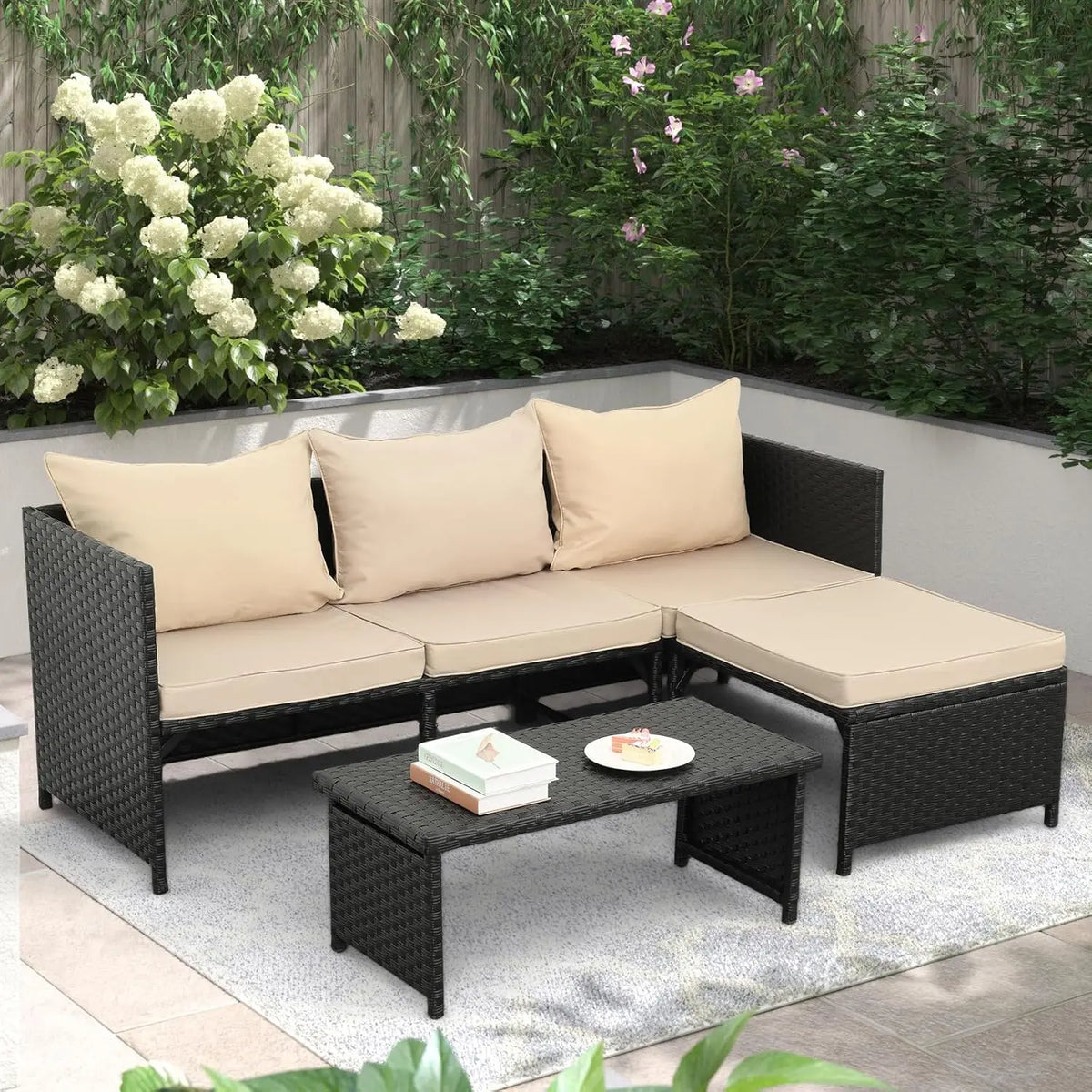 3-Piece Outdoor PE Rattan Furniture Set Patio Black Wicker Conversation Loveseat Sofa Sectional Couch Khaki Cushion