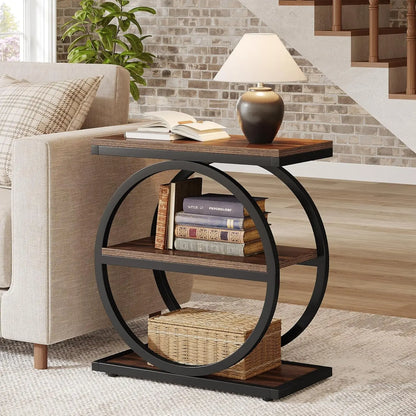 Tribesigns End Table, Narrow End Table with 3 Storage Shelves, Wood Side Table with Black Metal Frames, Industrial Sofa table