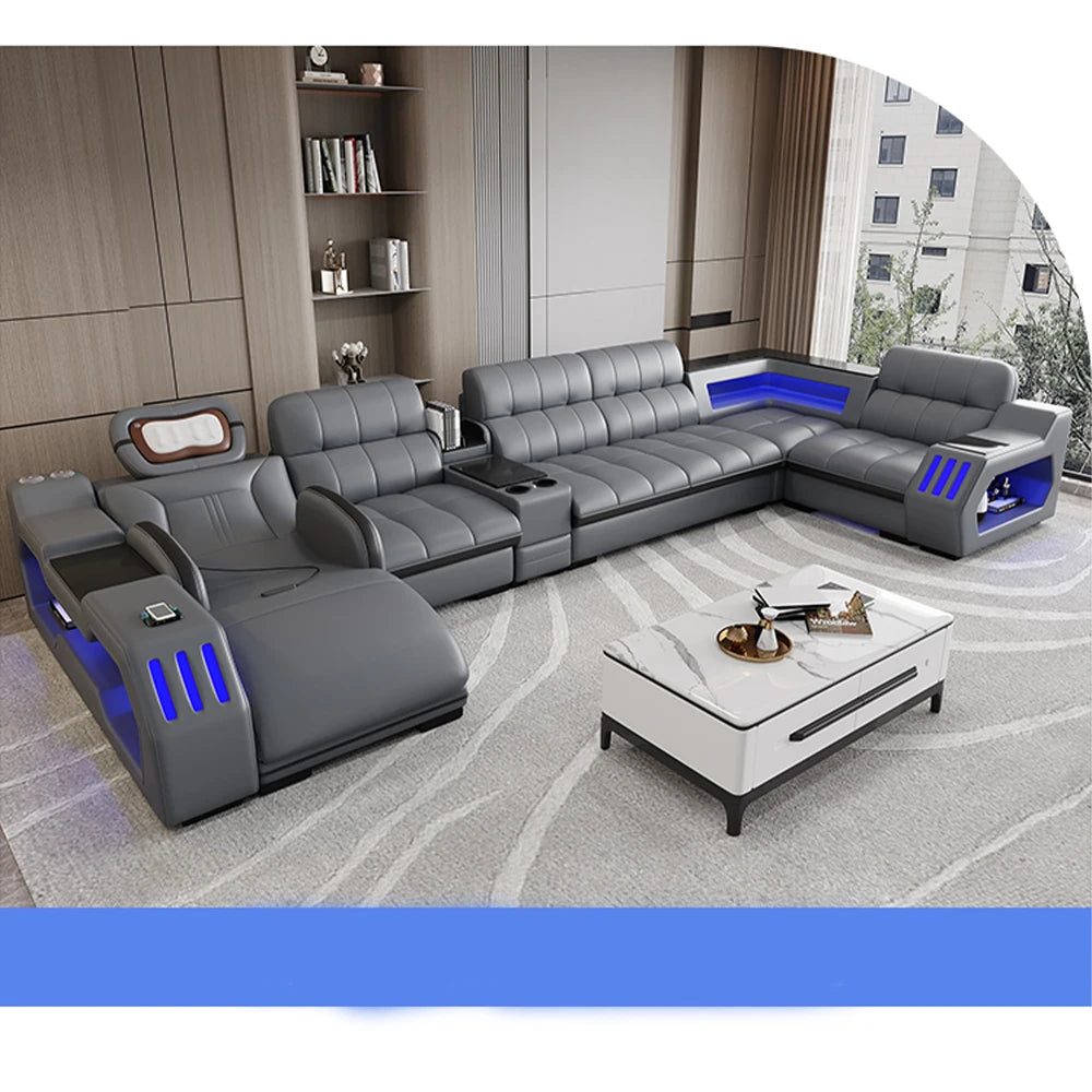 Modern Sectional Sofa Bed with LED Light, Electric Recliner and Massage，Living Room Genuine Leather Couch