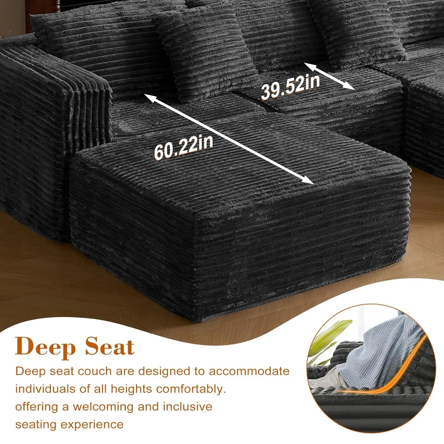 110 Corduroy Modular Sectional Boneless Sofa with 2 Ottomans, Convertible Cloud Couch with Deep Seats, Fluffy Memory Foam U Shap