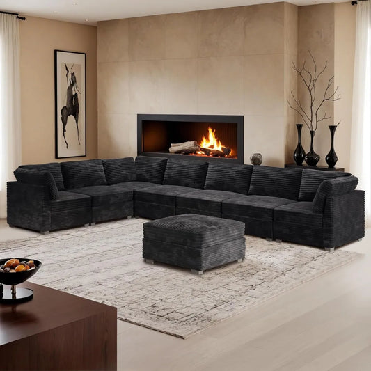 8-Piece L-Shaped Modular Sectional Sofa, Cloud Chaise and Ottoman, Black Velvet