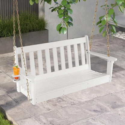 2 Person Hanging Porch Swing, Outdoor Bench Swing with Adjustable Chains, Hidden Cup Holder, HDPE Tree Swing Chair