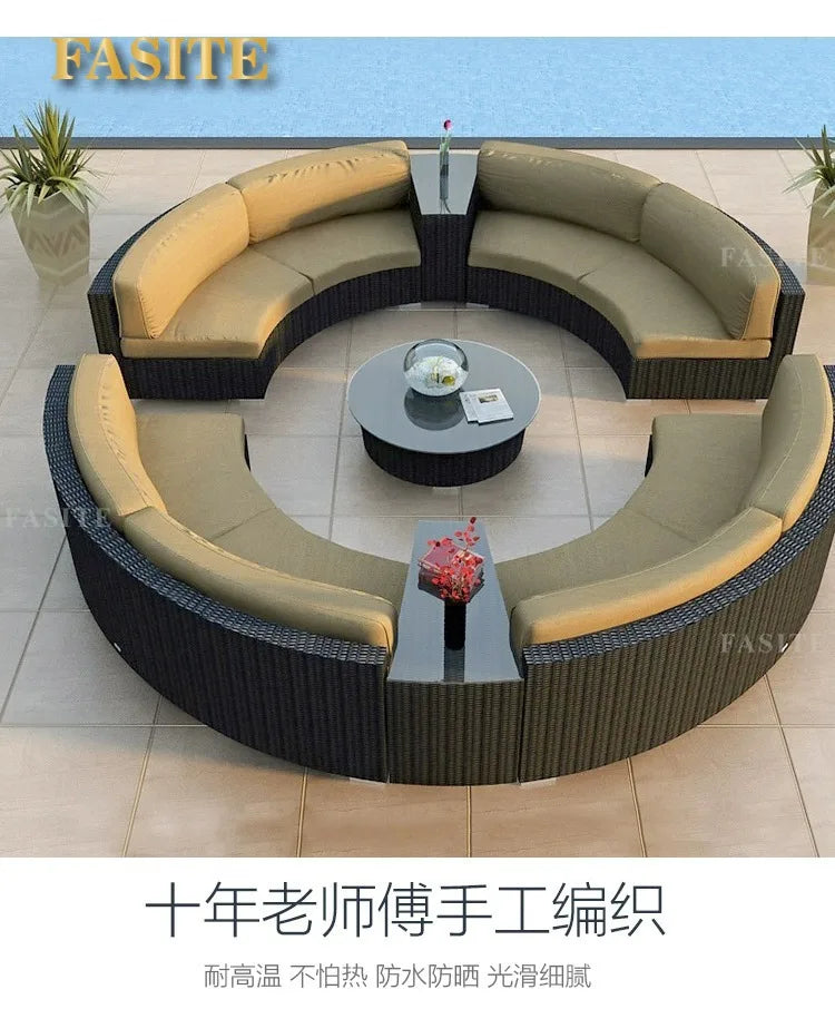 Outdoor round rattan sofa combination garden courtyard semi-circular rattan chair outdoor hotel curved living room