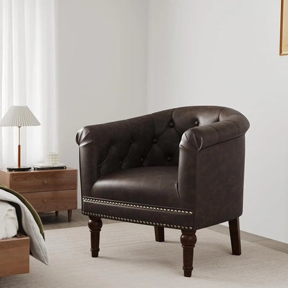 Swivel Barrel Accent Chairs, Comfortable Modern Upholstered Round Faux Leather Armchairs for Living Room and Bedroom, Beige, Set