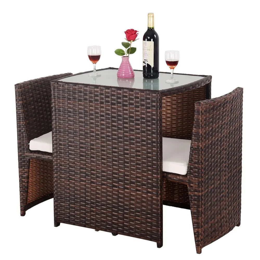 3 Pcs Cushioned Outdoor Wicker Patio Ergonomic Set Outdoor Small Space Furniture