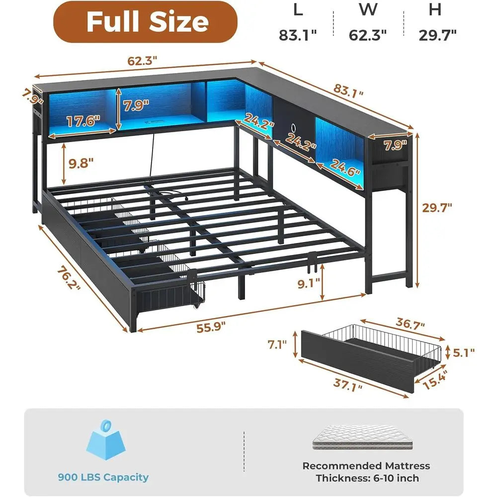 Full Size Metal Daybed Frame with Bookcase Storage, LED Lights, Drawers & Charging Station, No Box Spring Needed, Black