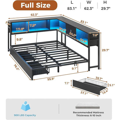 Full Size Metal Daybed Frame with Bookcase Storage, LED Lights, Drawers & Charging Station, No Box Spring Needed, Black