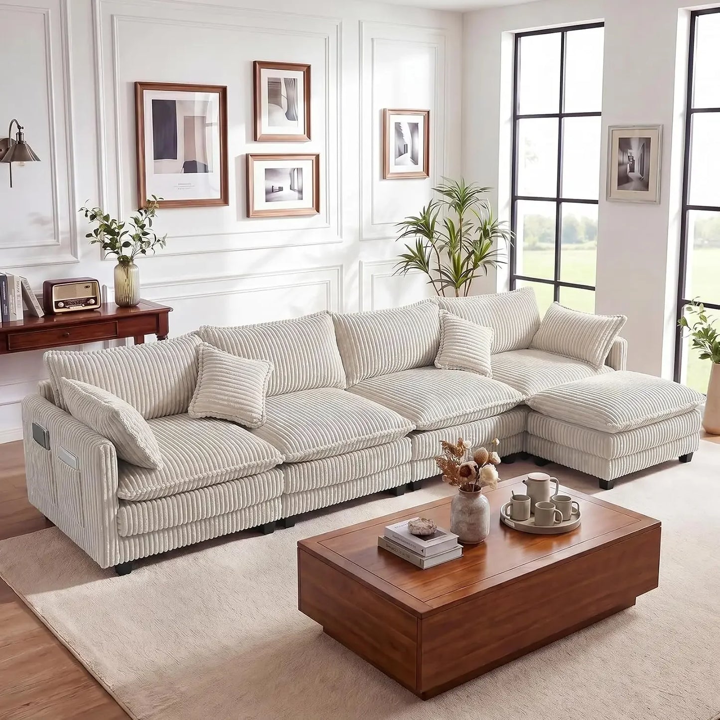 143" L Shaped Modular Sectional Sofa, Comfy Corduroy Upholstered Modular Sectional Couches for Living Room, Modern, Customized