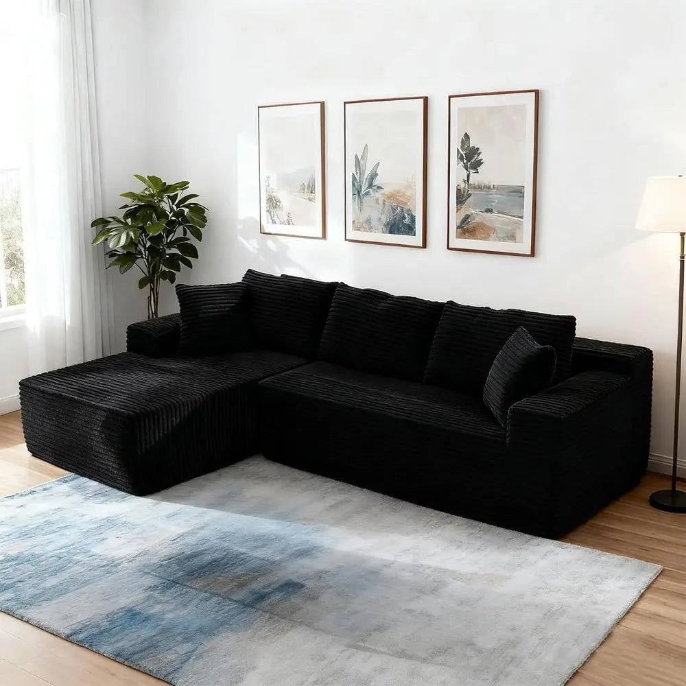 L-Shaped 103 Sectional Sofa with Chaise, Deep Seating, Corduroy Upholstery, Living Room Furniture, Ready to Use, Black
