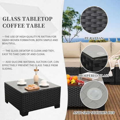 7-Piece Outdoor PE Wicker Furniture Set: Black Rattan Patio Sectional Sofa with Washable Khaki Cushions