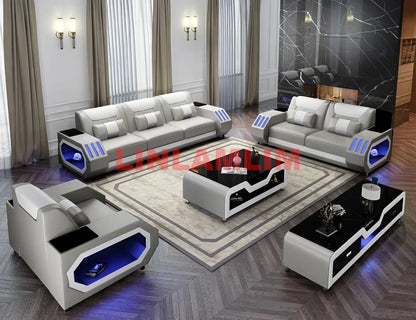 Leather Sofa Set with LED Light Living Room Furniture Couch Sofas Modernos Para Sala Grandes Sofás with USB Charging,Tabl
