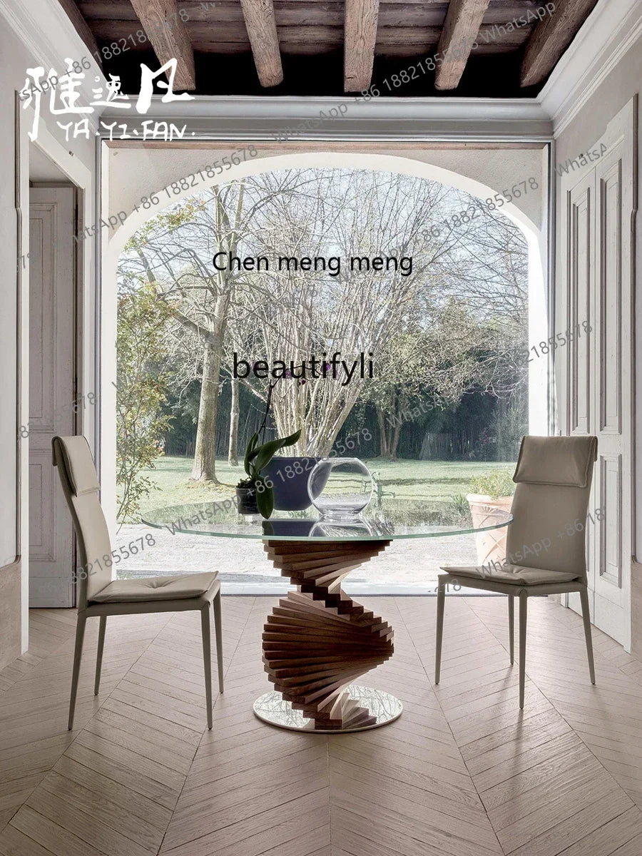 cc182l Italian minimalist curved design tempered glass round table solid wood special-shaped creative rotating ladder dining tab