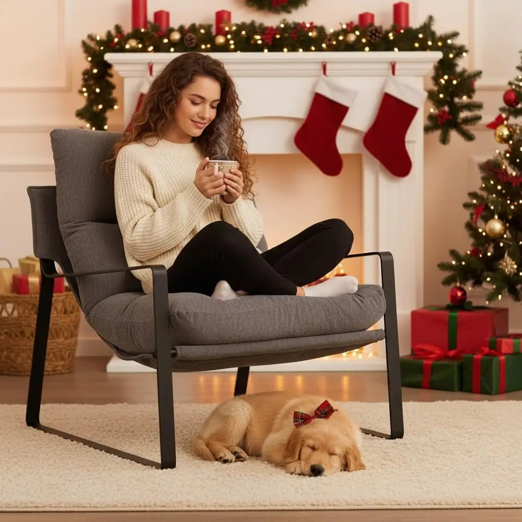 Modern Linen Accent Armchair Upholstered Living Room Chair with Metal Base Thickened Cushion Grey