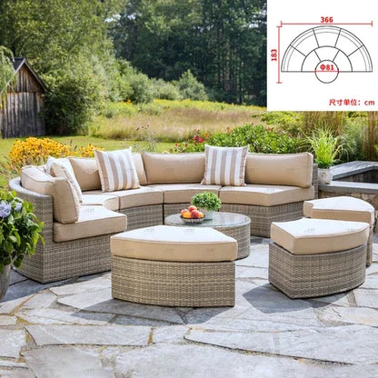 Sofa, courtyard, garden, leisure, outdoor living room, semi circular curved rattan chair, terrace, outdoor furniture combination