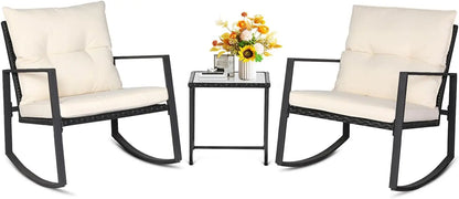 Curated Design 3 Piece Outdoor Rocking Bistro Set Black Wicker Furniture Porch Chairs Conversation Sets with Glass Coffee Tab