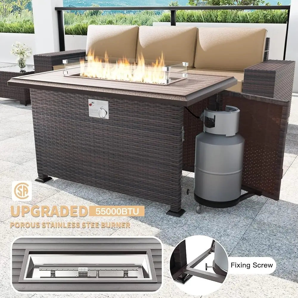 7 Pieces Outdoor Patio Furniture Set With 43"" 55000Btu Gas Propane Fire Pit Table Pe Wicker Rattan Sectional Sofa Patio