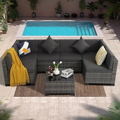 7-piece outdoor patio set, rattan chairs, glass table, wicker sectional for conversation seating