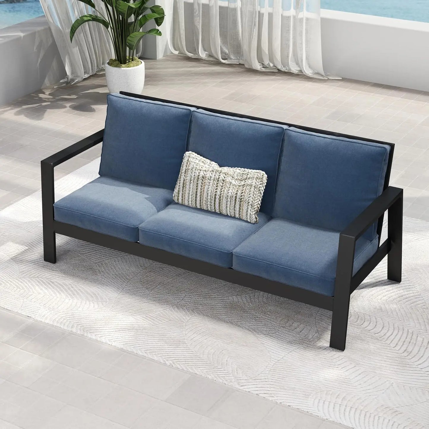 Aluminum Outdoor Patio Sofa, Water-Resistant Metal 3-Seat Outdoor Couch with 5 inch Thick Cushions, Outdoor, Customized