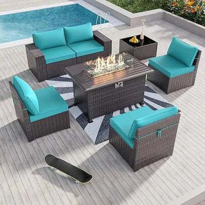 Outdoor Patio Furniture Set with 43" Gas Propane Fire Pit Table and Wicker Rattan Sectional Sofa for Conversation