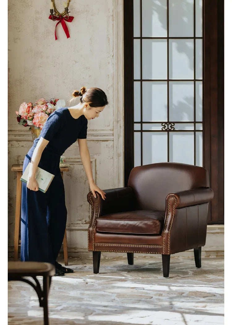 Retro oil wax leather leisure chair medieval living room tiger chair American single chair