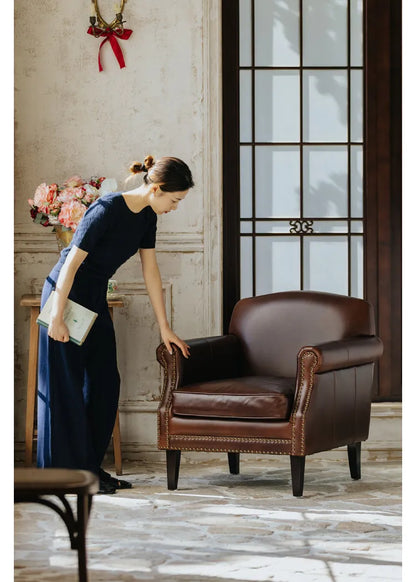 Retro oil wax leather leisure chair medieval living room tiger chair American single chair
