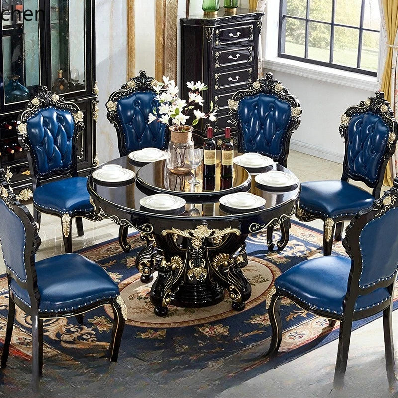 HTT marble dining table and chair combination carved round table for household8 people round  with turntable furniture