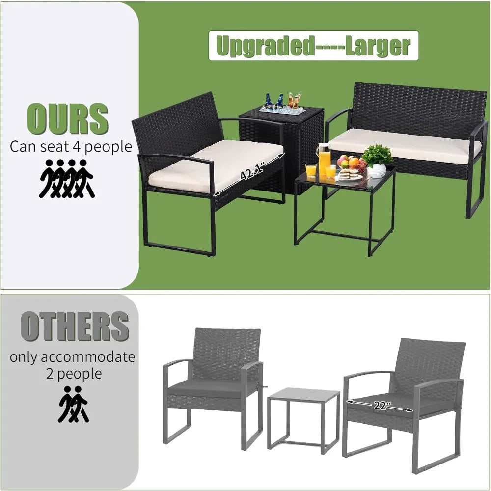 Outdoor Patio Furniture Set w/Built-in Beverage Cooler Storage Box & Coffee Table for Outside for Balcony