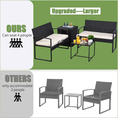 Outdoor Patio Furniture Set w/Built-in Beverage Cooler Storage Box & Coffee Table for Outside for Balcony