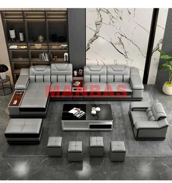 L-Shaped Modern Sectional Sofa Set with Chaise, Genuine Leather Reclining Couch with USB Charging Ports & Cup Holders, Couch Set