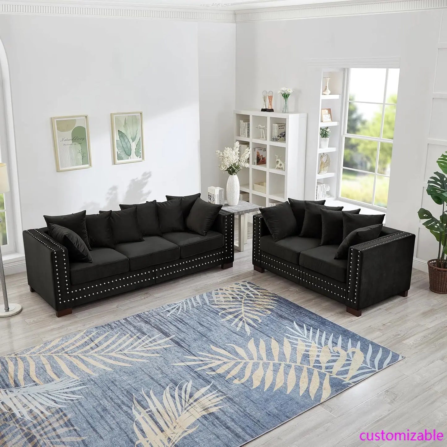 2-Piece Modern Velvet Upholstered 2+3 Seater Sofa Set with Storage Space, Loveseat and Sofa Couch with Silver Nail Trim