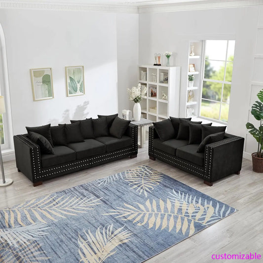 2-Piece Modern Velvet Upholstered 2+3 Seater Sofa Set with Storage Space, Loveseat and Sofa Couch with Silver Nail Trim