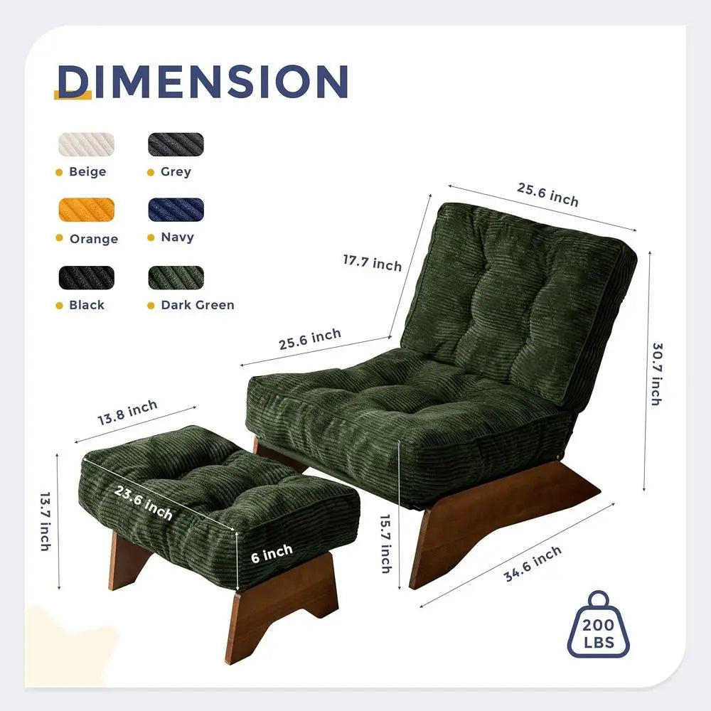 Green Upholstered Adjustable Reclining Chair with Ottoman for Living Room and Reading