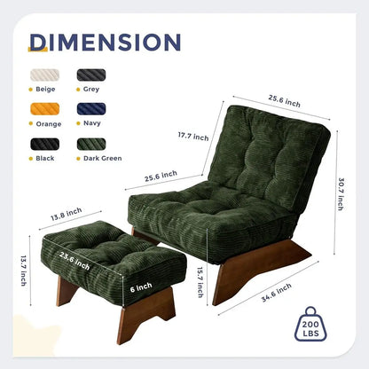 Green Upholstered Adjustable Reclining Chair with Ottoman for Living Room and Reading