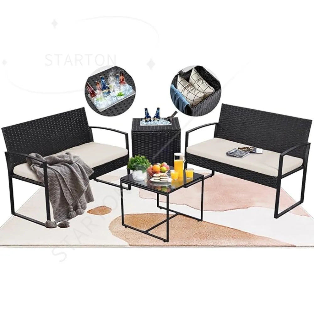 Outdoor Patio Furniture Set w/Built-in Beverage Cooler Storage Box & Coffee Table for Outside for Balcony