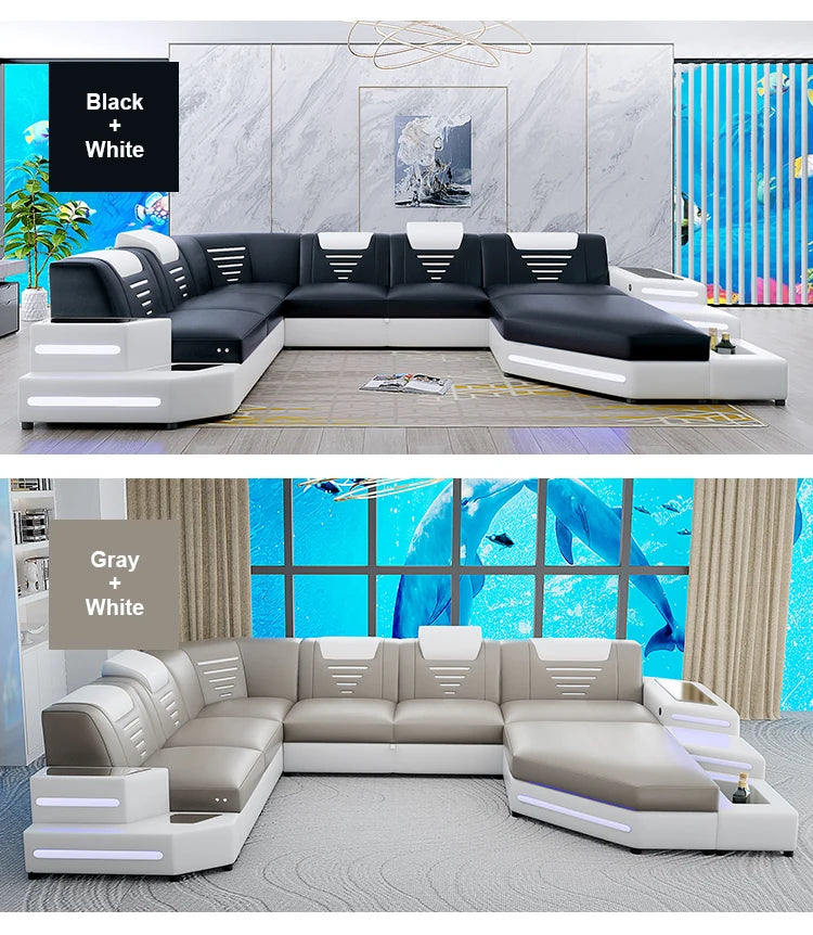 Leather Sofa Set U Combination Leather Corner Sofa Bed with Light Emitting Diode