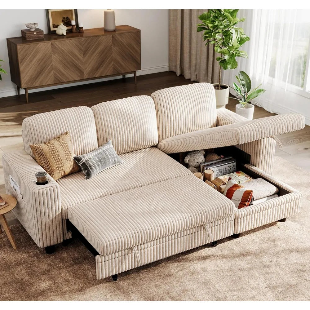 Convertible Plush Corduroy Cloud Couch with Storage Chaise & USB Charging