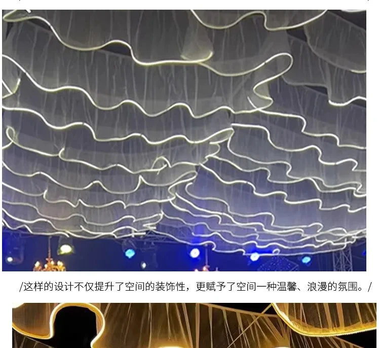 Glowing Curtain for Wedding Ceiling Decor, White Wave Tulle Fabric with Lights, Romantic Party Christmas Event Decoration