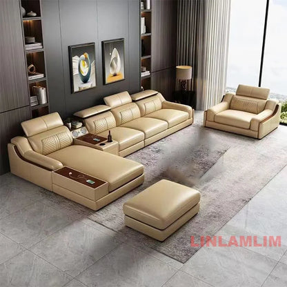 Modern U-Shaped Sectional Sofa Set with Chaise Lounge, Genuine Leather Couch with Storage Table, USB – Big Living Room Furniture