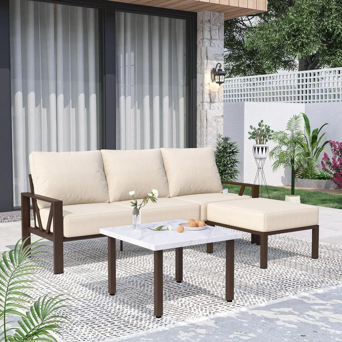 Patio Furniture Set, 6 Pieces Outdoor Couch Sectional, L Shaped Patio Sofa, Metal Patio Couch Sectional with Side Table, Outdoor