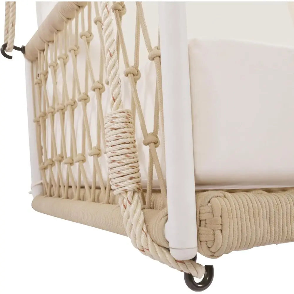 Beige 2-Person Porch Swing with Woven Rope and Soft Cushion for Patio or Garden