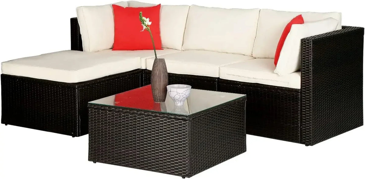 5Pcs Modular Outdoor Sofa Set All Weather Wicker Sectional Sofa with 2 Corner Chair Armless Chair Ottoman Chair Glass Table