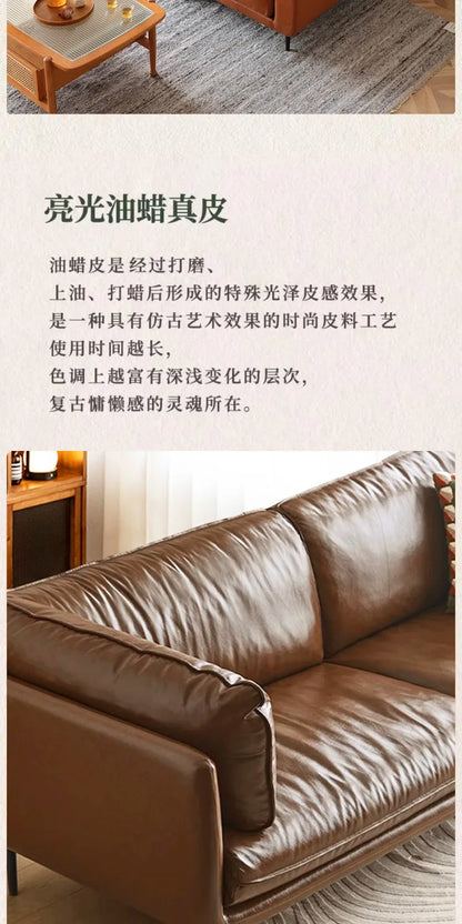 Retro oil wax leather sofa down large living room Nordic simple medium and ancient style straight row leather art sofa