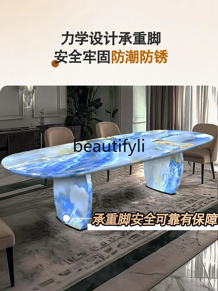Luminous dining table Jade luxury stone dining table Light luxury large flat-floor villa High-end modern dining table