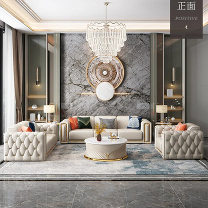 Cross-border Light Luxury Sofa Simple Modern Leather Sofa Italian Minimalist Villa Living Room Buckle Leather Sofa Combination