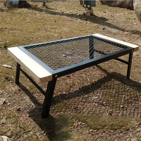 Outdoor Camping Table Mini Wrought Iron Folding Table Storage Barbecue Multi-functional Barbecue Net Table with Wooden Edge