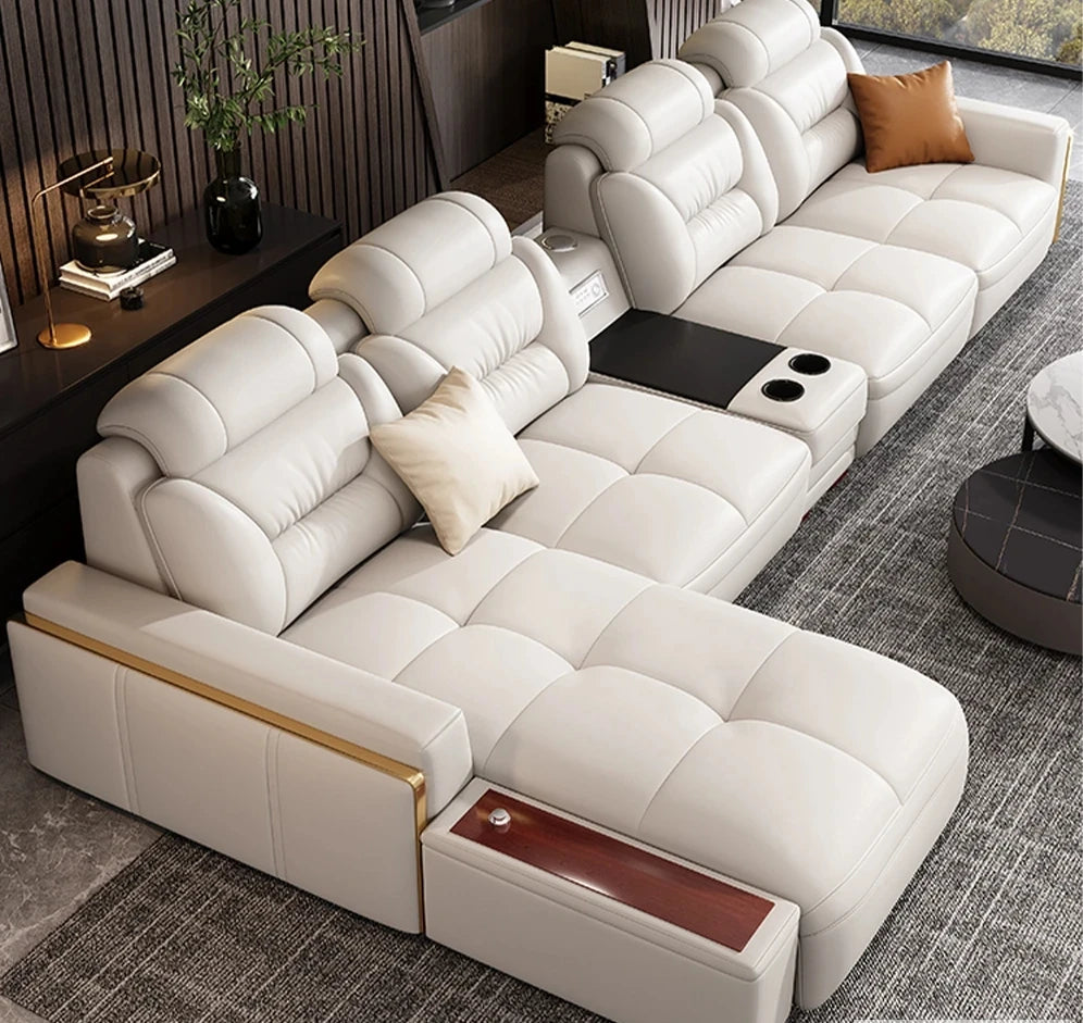 Premium  Italian Genuine Leather Sectional Sofa Sets Couch Sofas with USB and Bluetooth Speaker